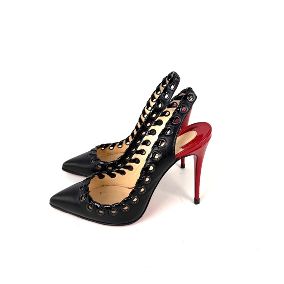 Christian Louboutin Ostri Sling 100  Leather Black Red Pointed Toe Slingbacks - Picture 3 of 10